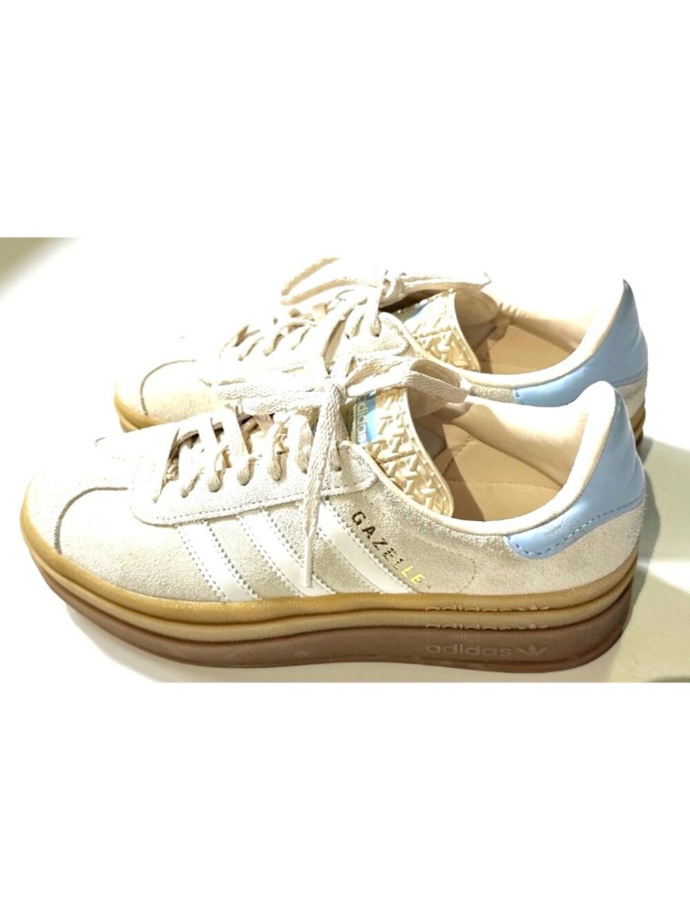 Adidas Gazelle Platform Sneakers Cream Blue Womens Size 5 Suede Upper Gum Design